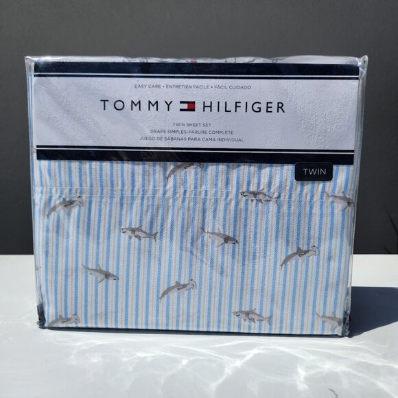 NEW TOMMY HILFIGER Sheets Sheet Set Shark Striped TWIN Size Blue White Pillowcas - Picture 1 of 11